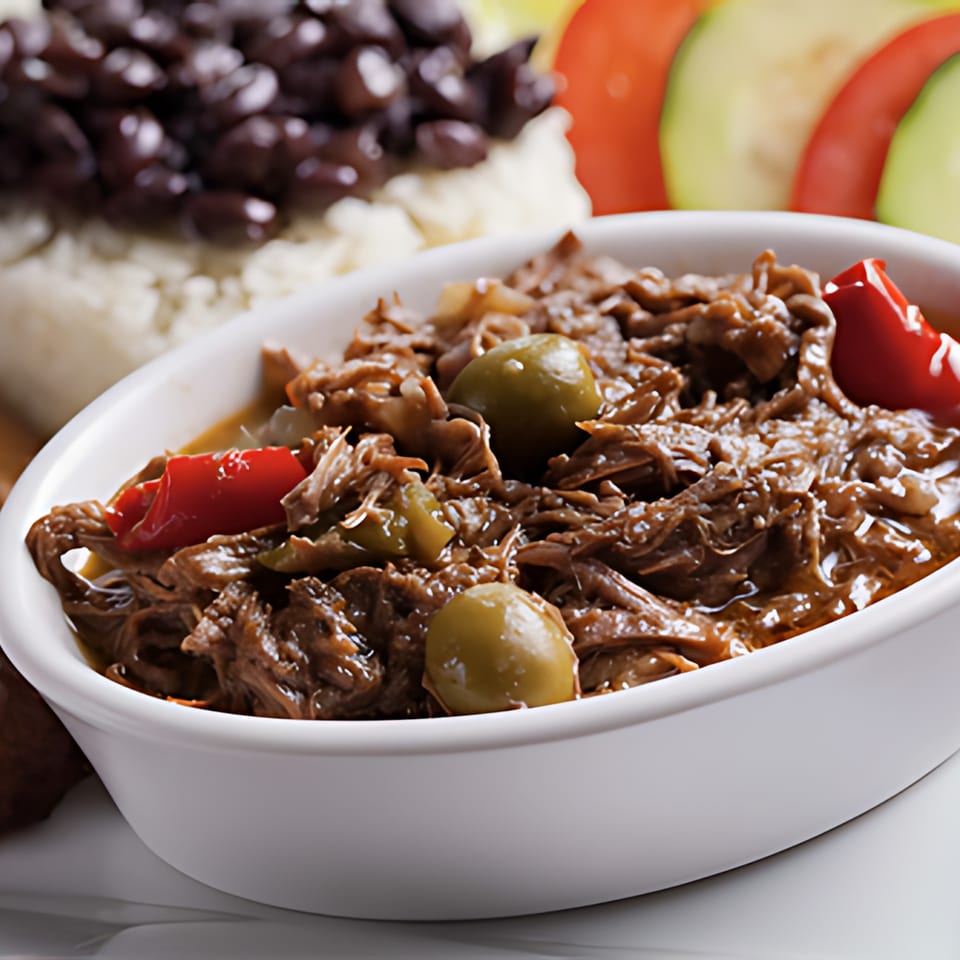 Close-up of Ropa Vieja with olives and red peppers, served with rice and black beans.