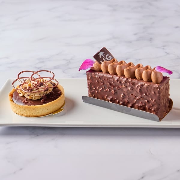 Two chocolate desserts on a white plate, a tart with a decorative topping and a rectangular cake.