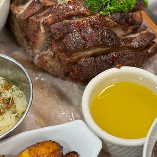 Garlic Stuffed Pork Roast, Empanada, Dessert, Beverage